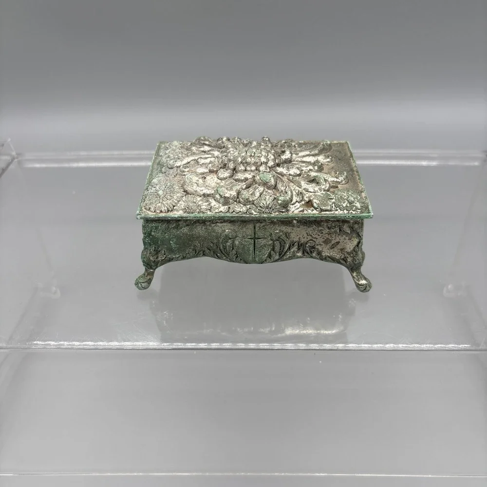 Vintage Metal Jewelry Box Trinket Footed Velvet Lining Cross Religious Patina‎
